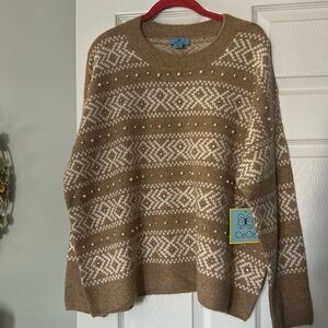 NWOT CeCe Crewneck Tan & Ivory Pearl & Rhinestone long sleeve cozy sweater